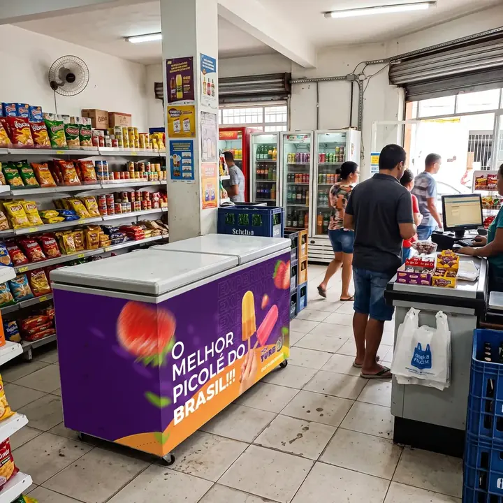 Freezer de sorvete envelopado com adesivo de vinil colorido dentro de um mercado