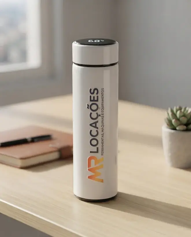 Brinde branco personalizado com logo sobre uma mesa de madeira
