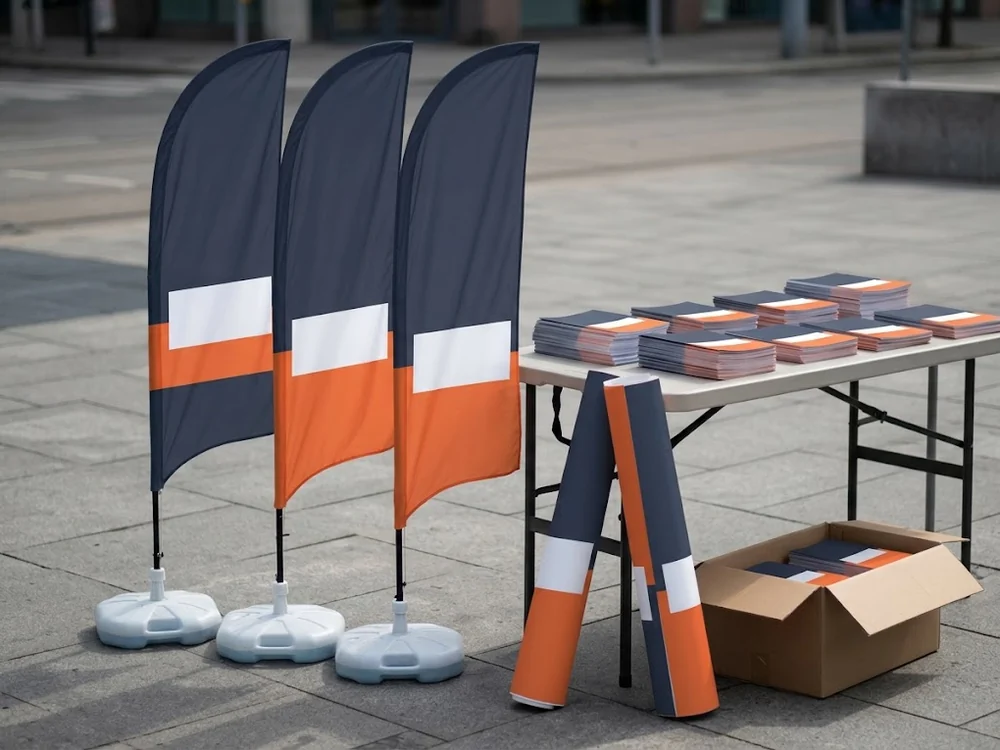 Wind banners, panfletos e banners de campanha produzidos pela Grapix Gráfica, montados na calçada