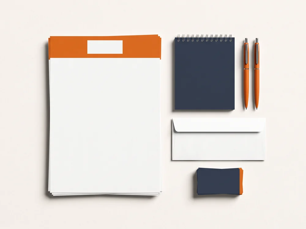 Kit de papelaria personalizada produzido pela Grapix Gráfica: timbrado, bloco, envelope, canetas e cartões