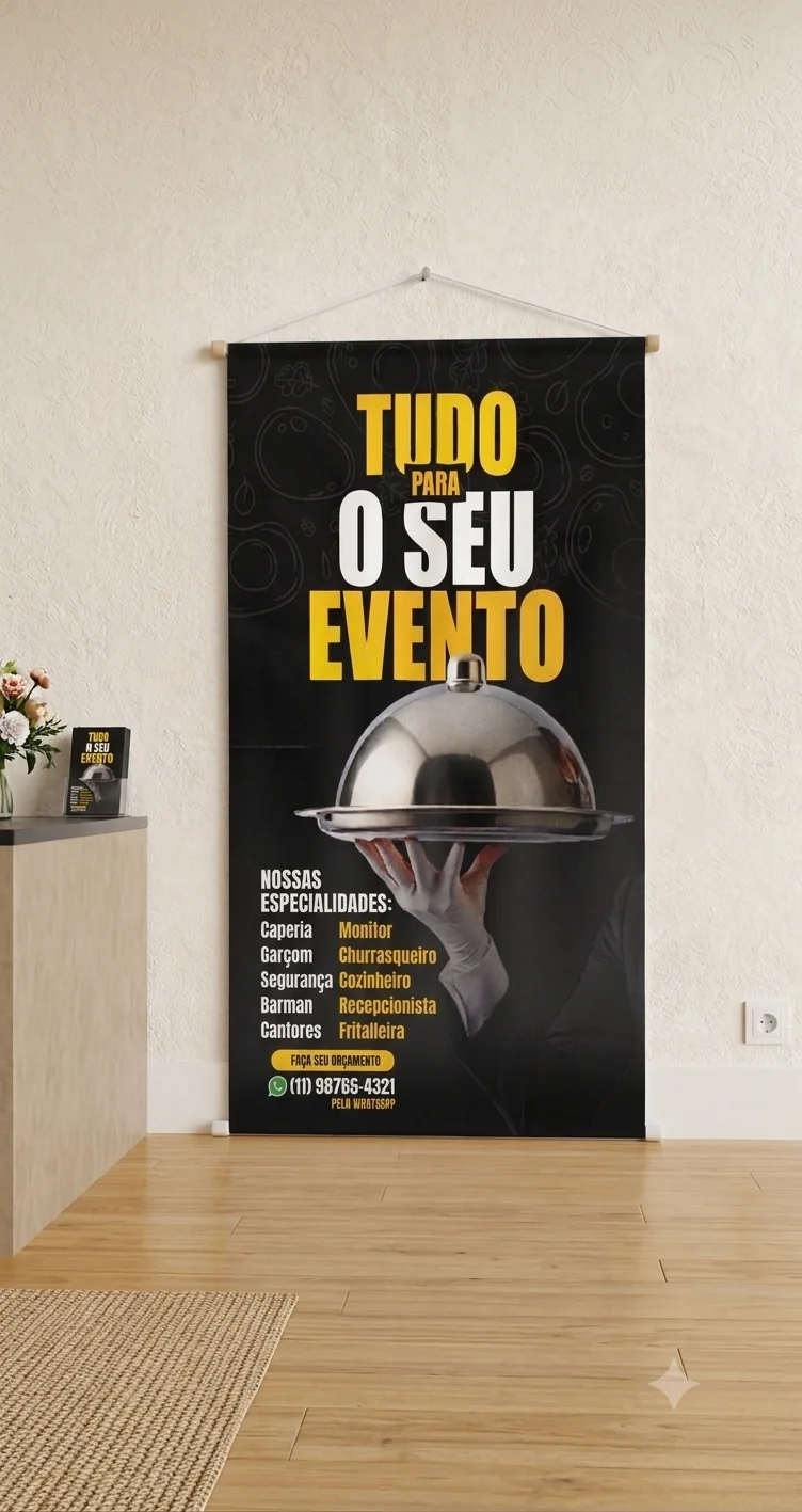Banner impresso pendurado na parede de um ambiente, preso por bastão de madeira e cordão